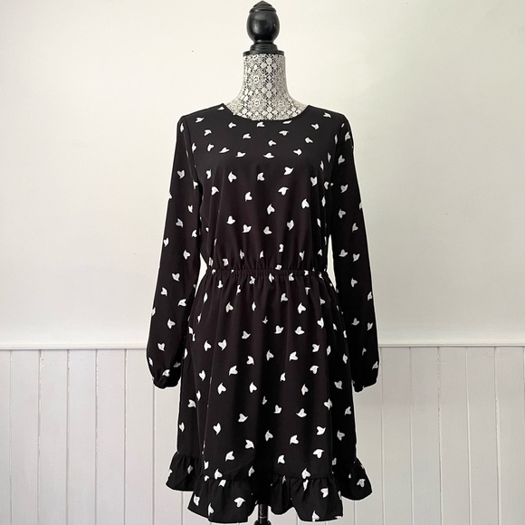Joe Fresh Dove Print Ruffle Skirt Keyhole Back Long Sleeve Dress Size S - Picture 1 of 12